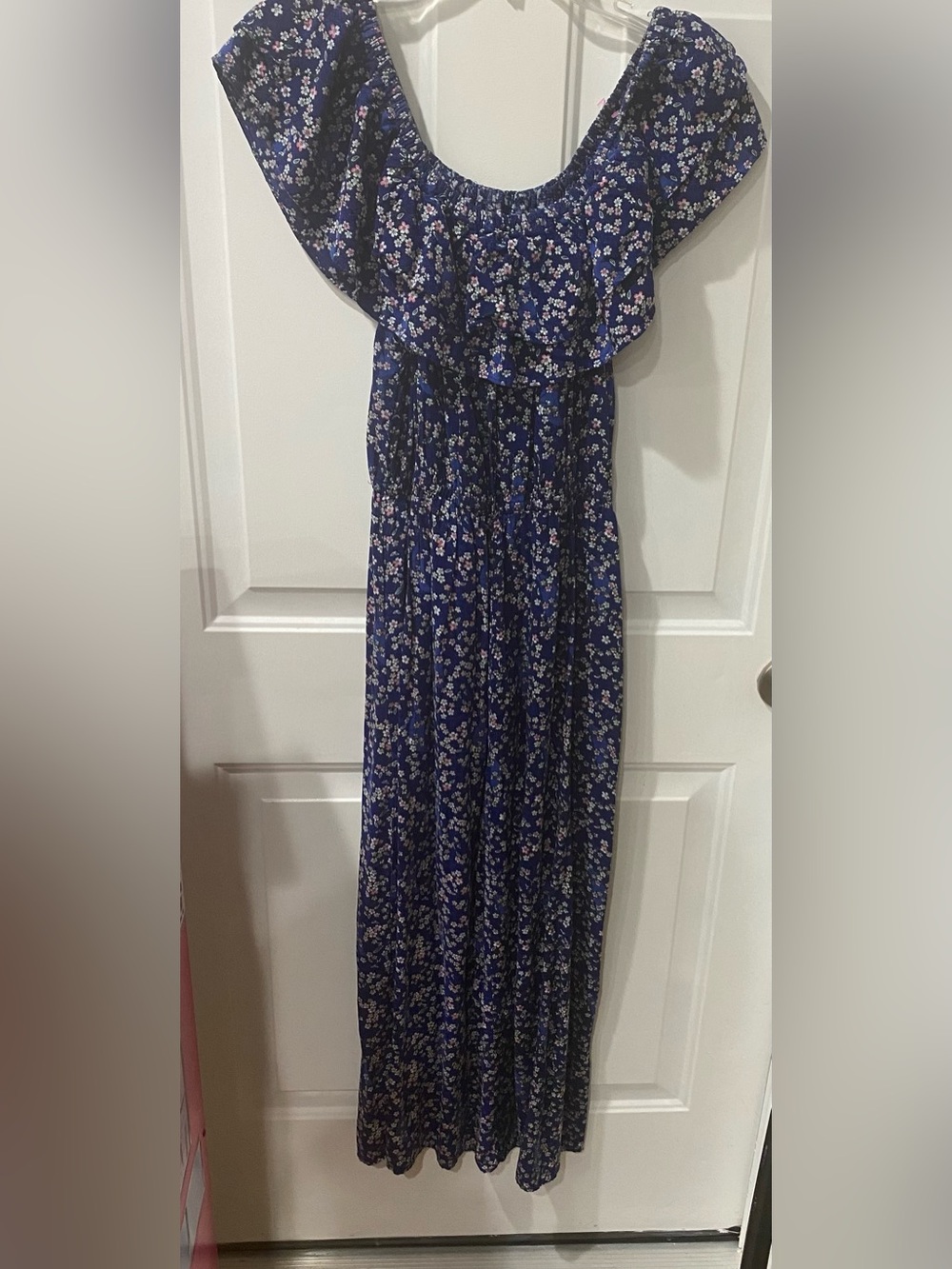 Candlelit Blue Floral Maxi Dress over the shoulders women’s size M